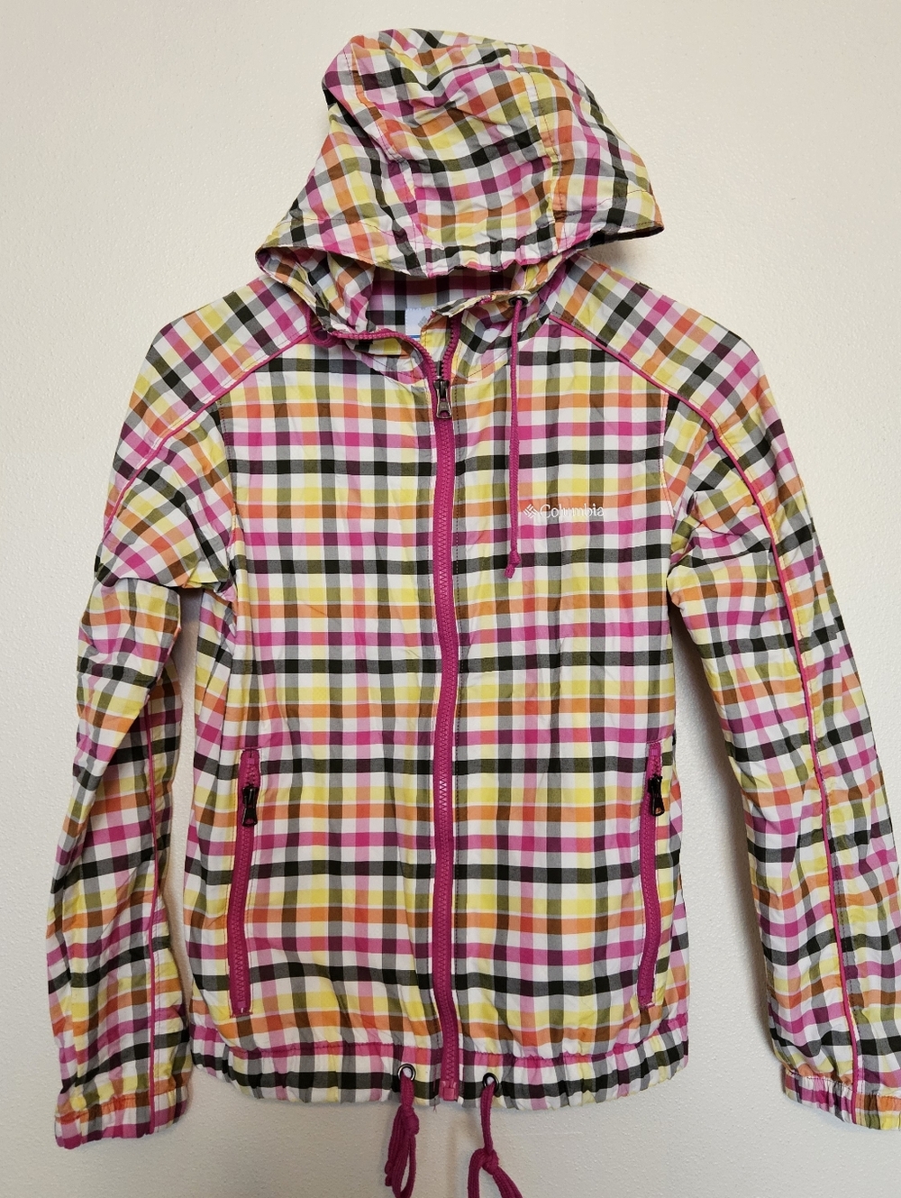 Columbia Pink Plaid Lightweight Hooded Jacket Small